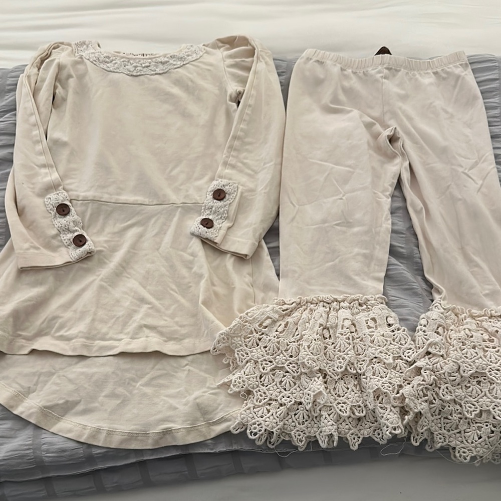 Mustard Pie Cream Ruffle Top and Crochet Trim Pants Kids Matching Set